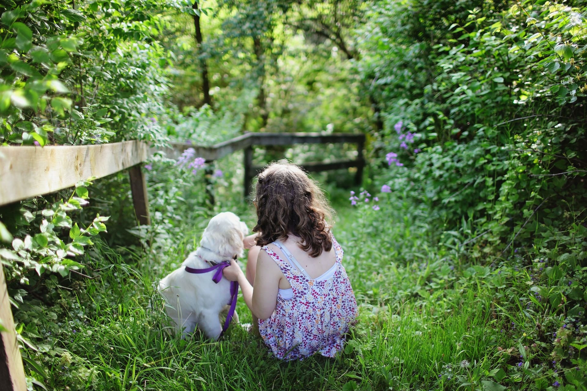 young girl and puppy in the garden